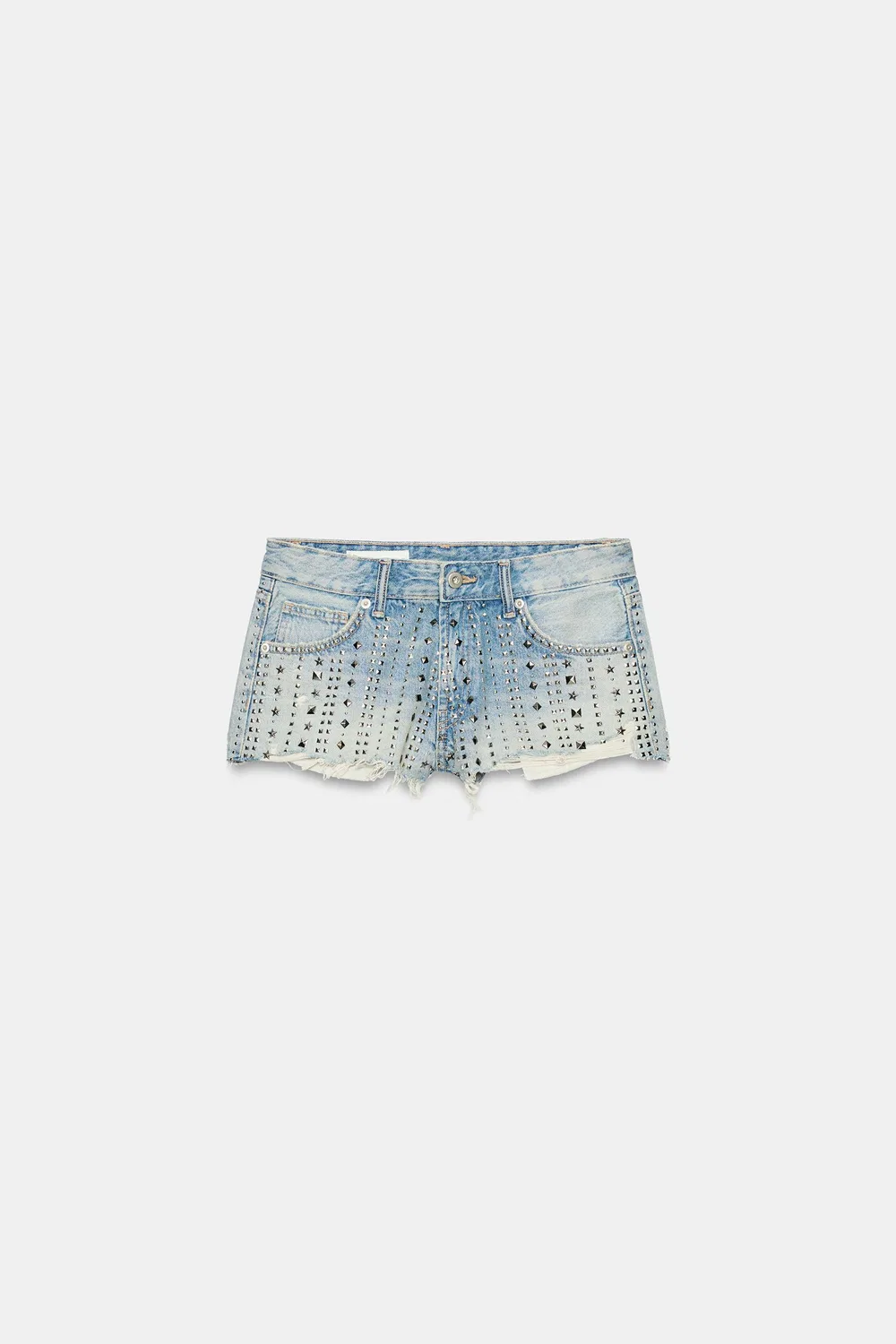 Джинсовые шорты TRF средней посадки с рваными элементами и заклепками ZARA, Light blue — фото 4