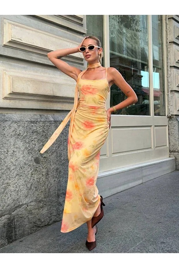 Женское платье-футболка с принтом Çeçim, Yellow, Pink — фото 4