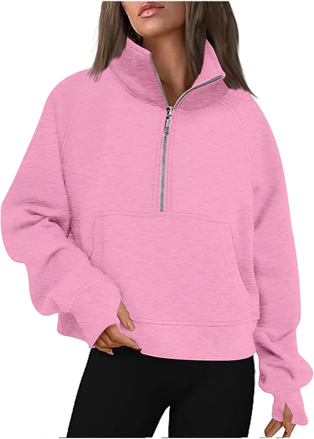Женский свитшот на молнии с длинным рукавом, с карманами, Half Zip Fleece, розовый