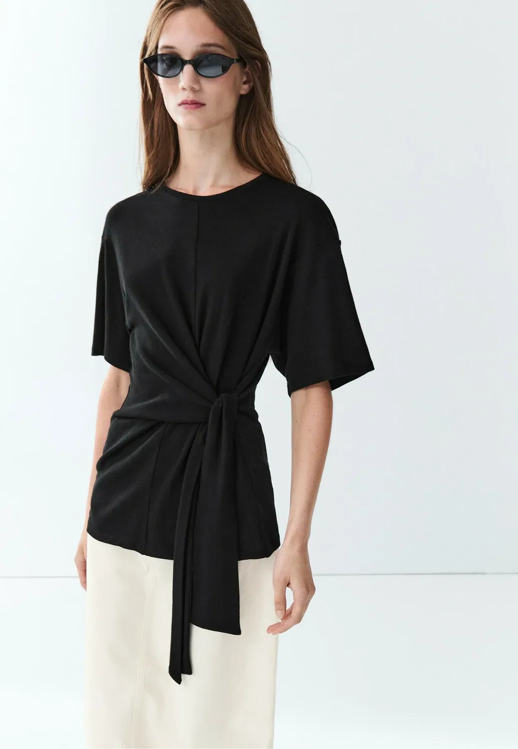 Футболка с коротким рукавом и завязкой - футболка с принтом Massimo Dutti, Black