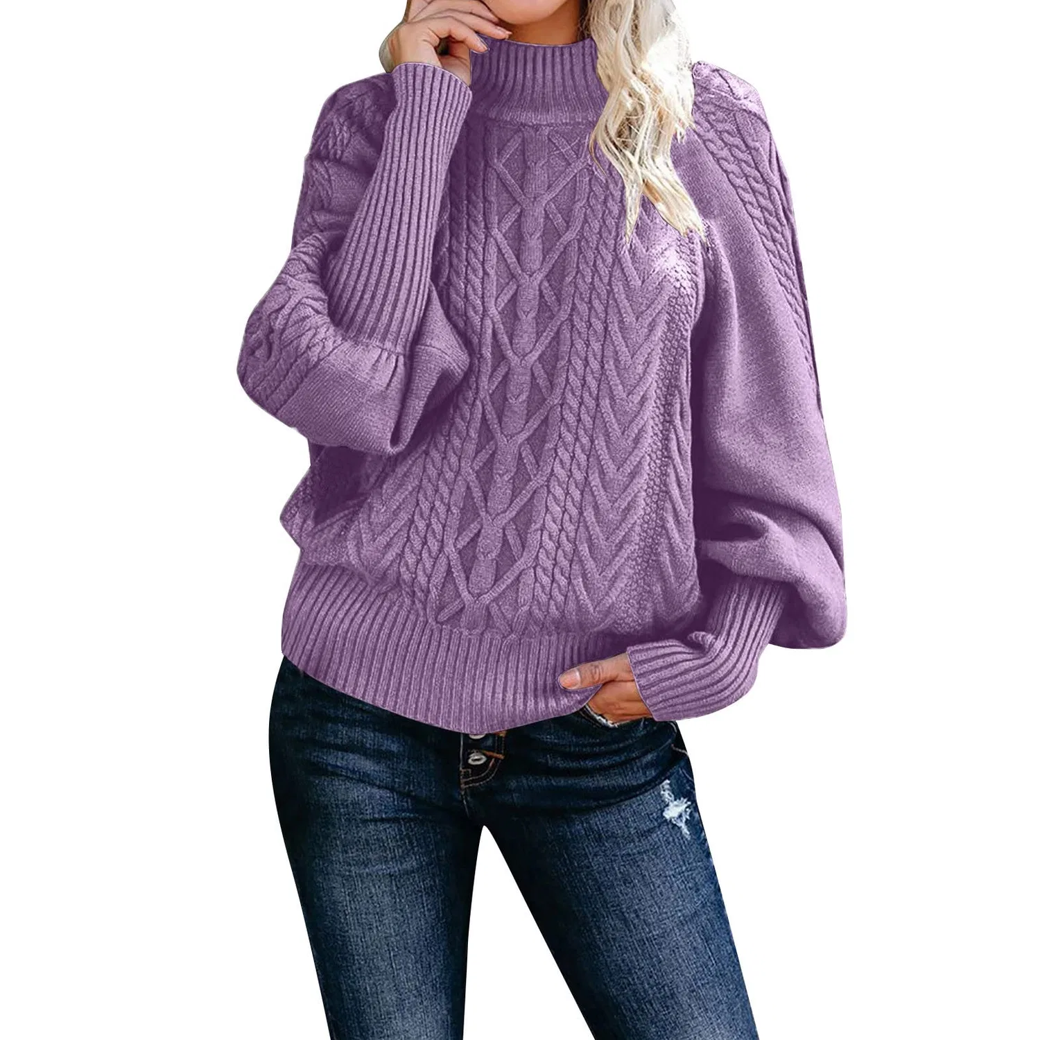 Женский свитер с высоким воротом и длинным рукавом, свободного кроя, Purple