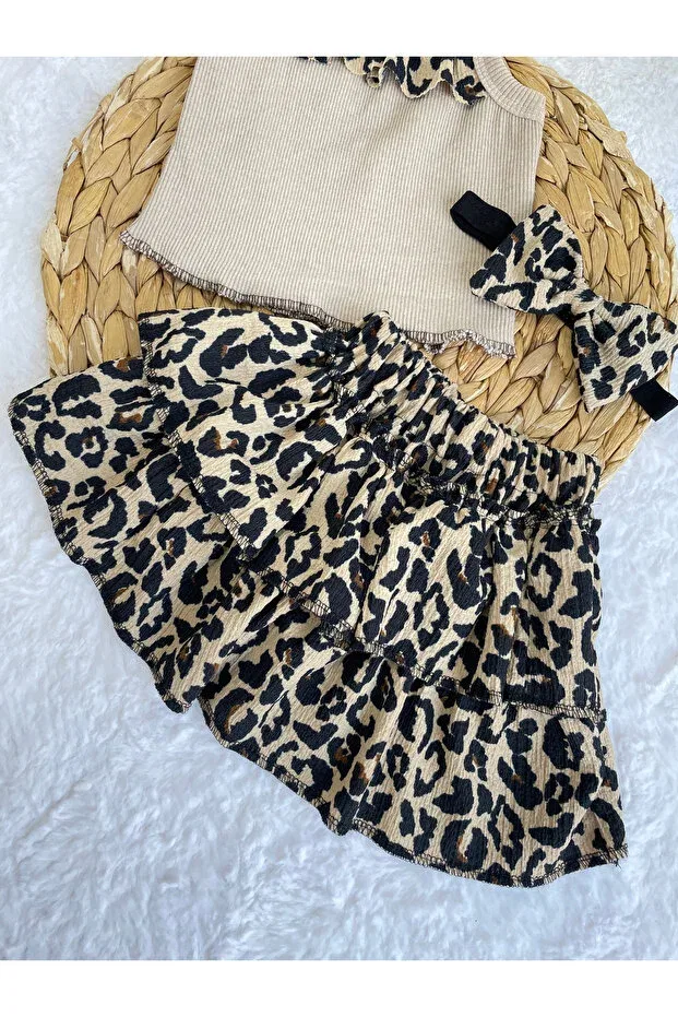 Детский комплект для девочек с принтом Leopard Pattern Ruffled Skirt Bluz Bandana And Socks Set Of 4 Akif Giyim, Brown — фото 2