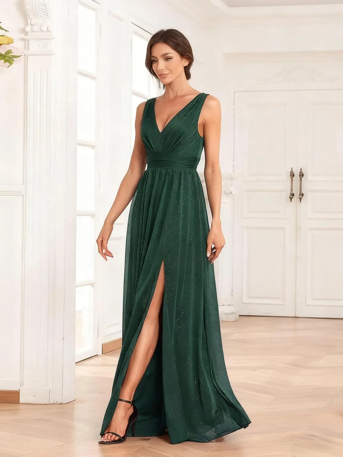 Женское вечернее платье с блестками A-line V-образным вырезом, Navy Blue — фото 2