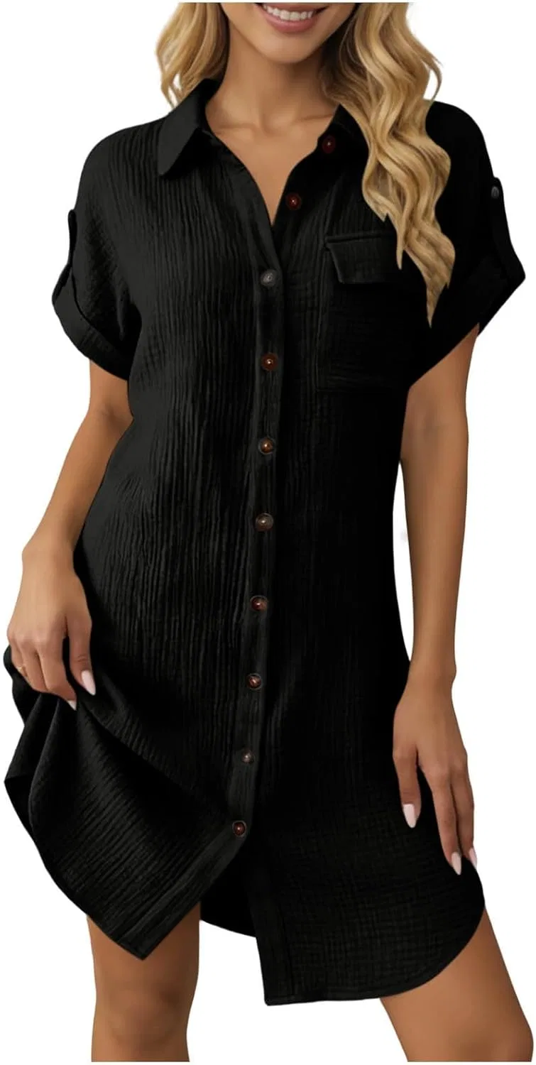 Женское casual платье-рубашка с пуговицами, Black
