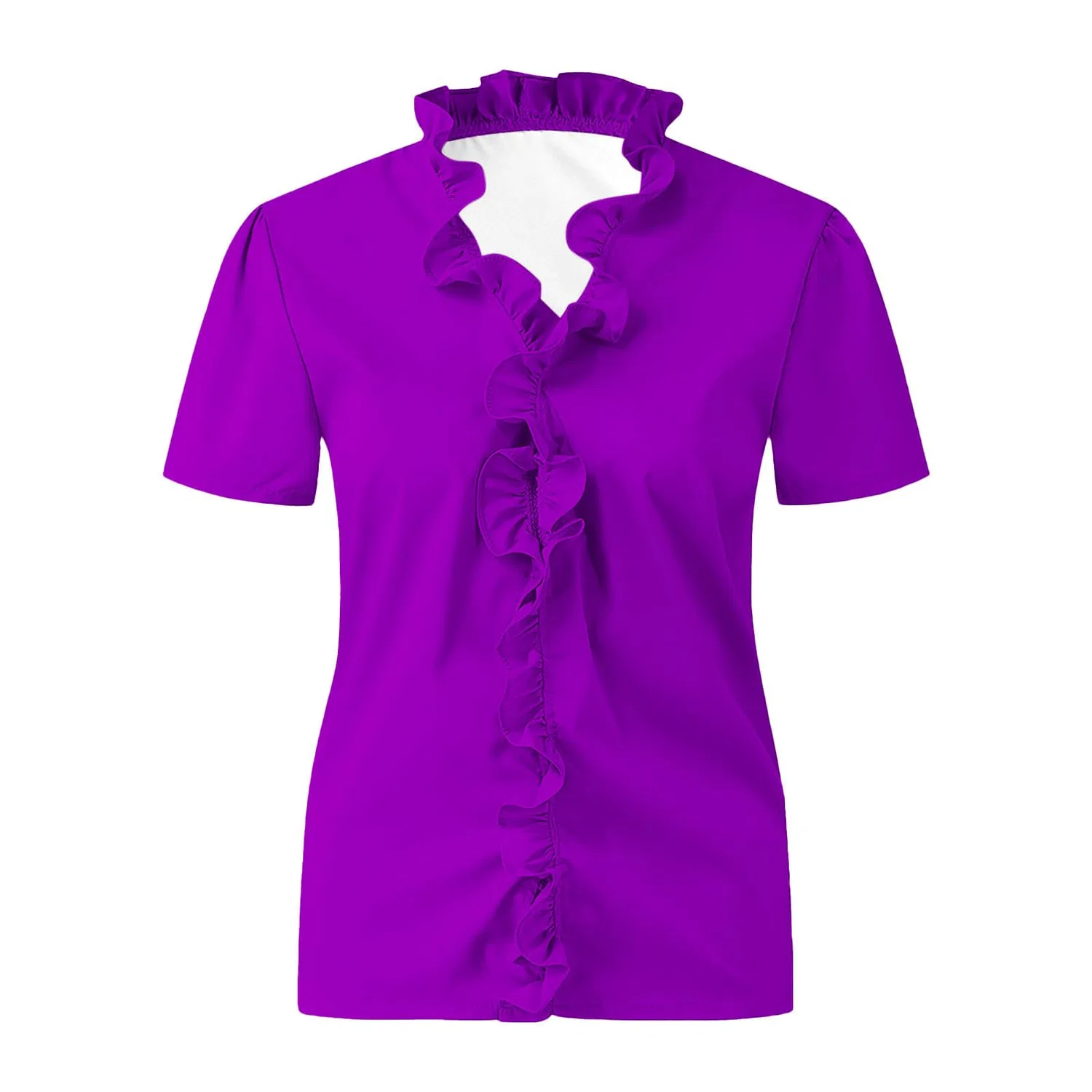 Женская блузка с V-образным вырезом и воланами, с коротким рукавом, Short Sleeve-purple 01 — фото 4