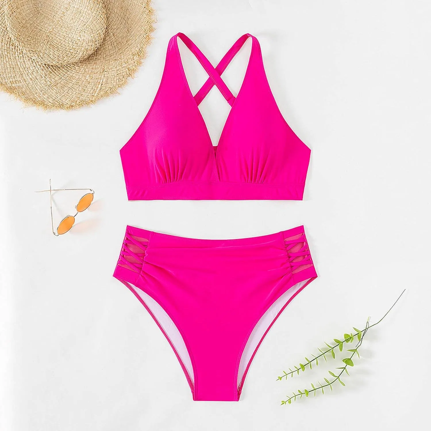 Женский купальный костюм с высокой талией Plus Size, Hot Pink — фото 3