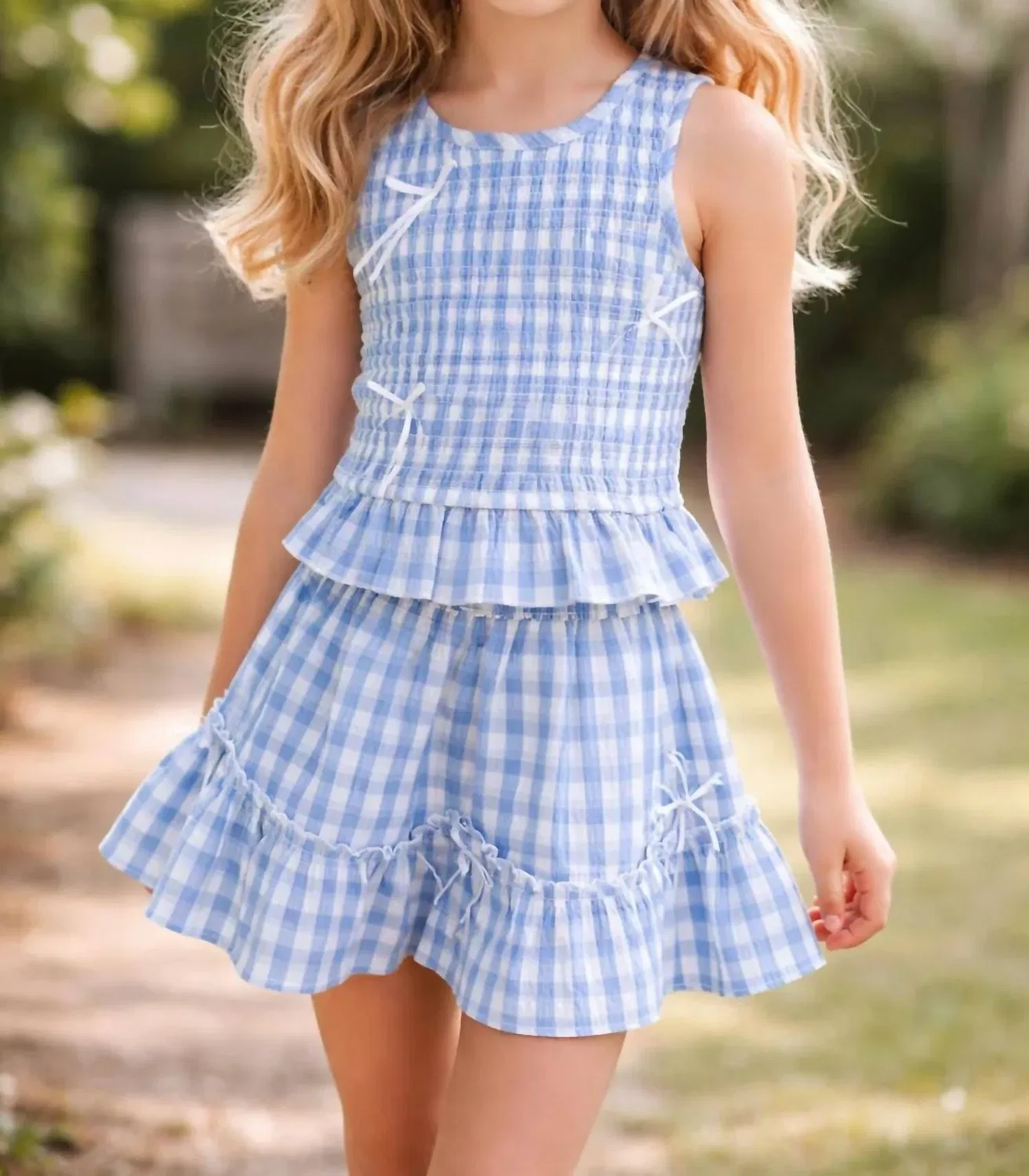 Детская блузка без рукавов с принтом Smocked Gingham Top Hannah Banana, Blue /white