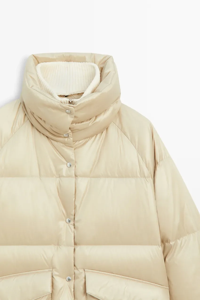 Пуховик Massimo Dutti High-neck Down, кремовый — фото 2