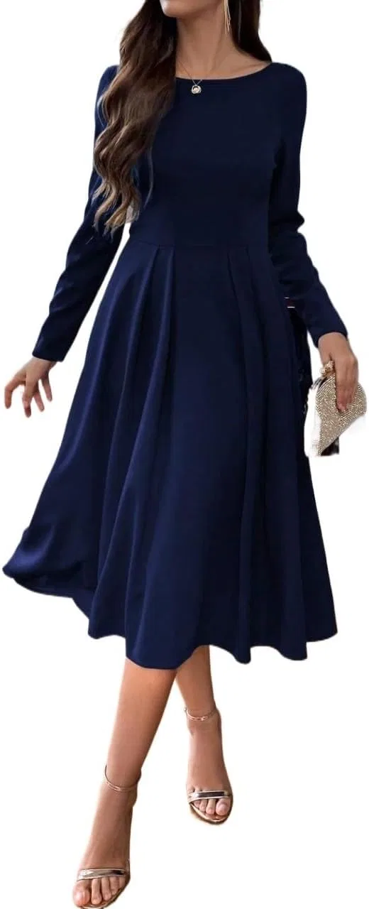 Женское элегантное платье миди с высокой талией, Navy Blue