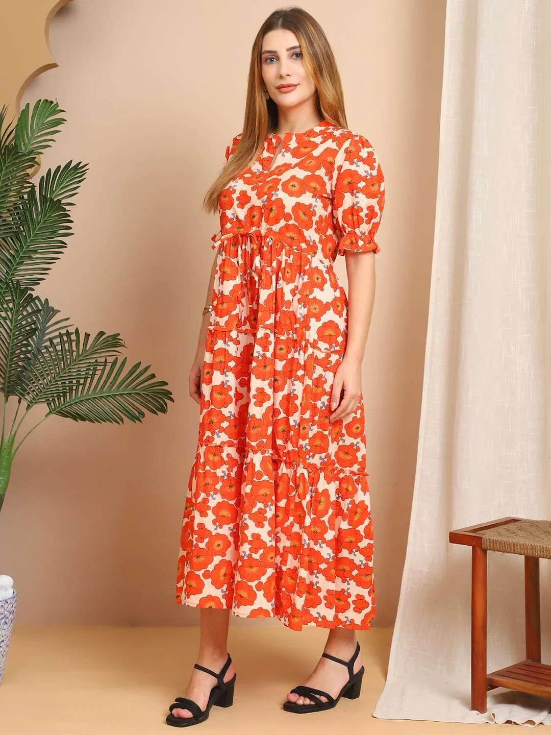 Женское хлопковое платье миди с принтом Rianshi craft, Orange Floral — фото 2