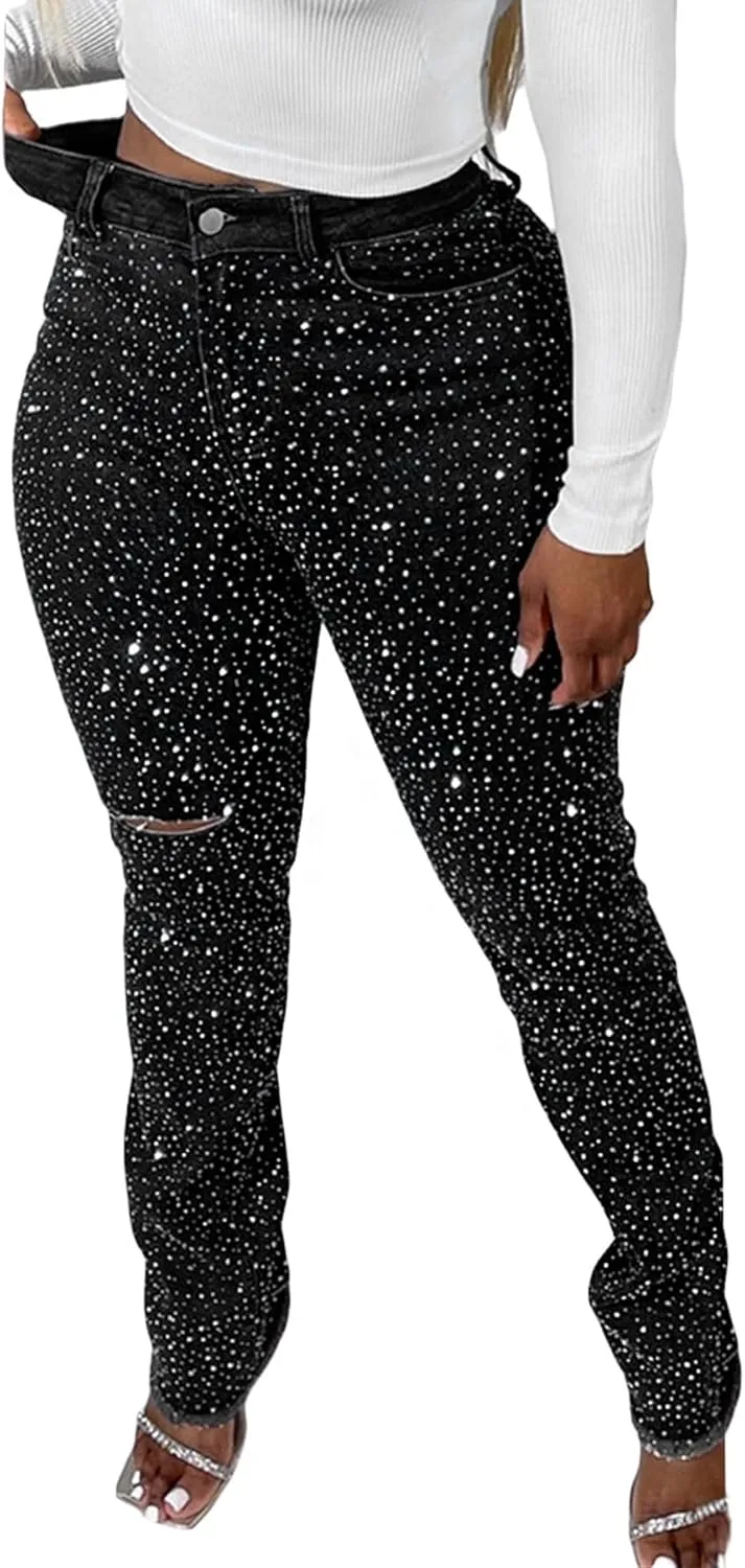 

Женские джинсы DINGANG с пайетками, скинни, завышенная талия, рваные