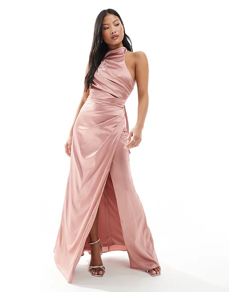 

Платье макси-платье TFNC Petite Bridesmaid из атласа с высоким воротом и бантом сзади в тускло-розовом цвете