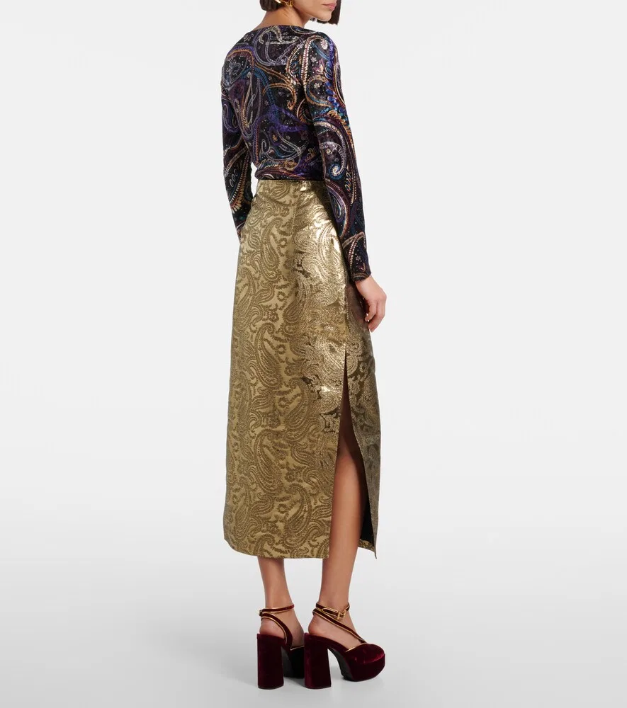 Миди-юбка с узором пейсли из парчи Etro, золото — фото 3