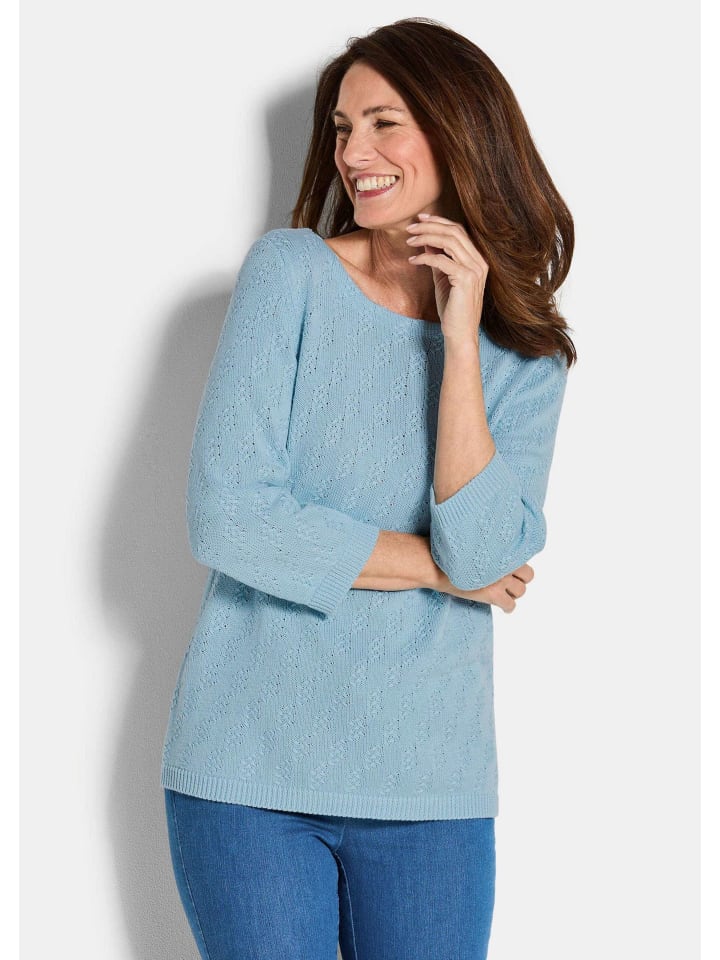 

Короткий размер: светло-голубой фактурный трикотажный свитер с короткими рукавами из хлопка с фактурной отделкой. GOLDNER