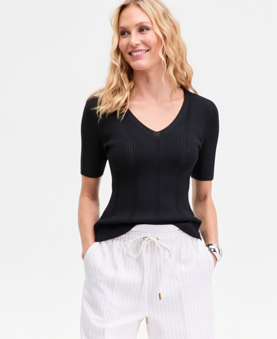 

Женский трикотажный свитер с V-образным вырезом и короткими рукавами в рубчик INC International Concepts, Deep Black