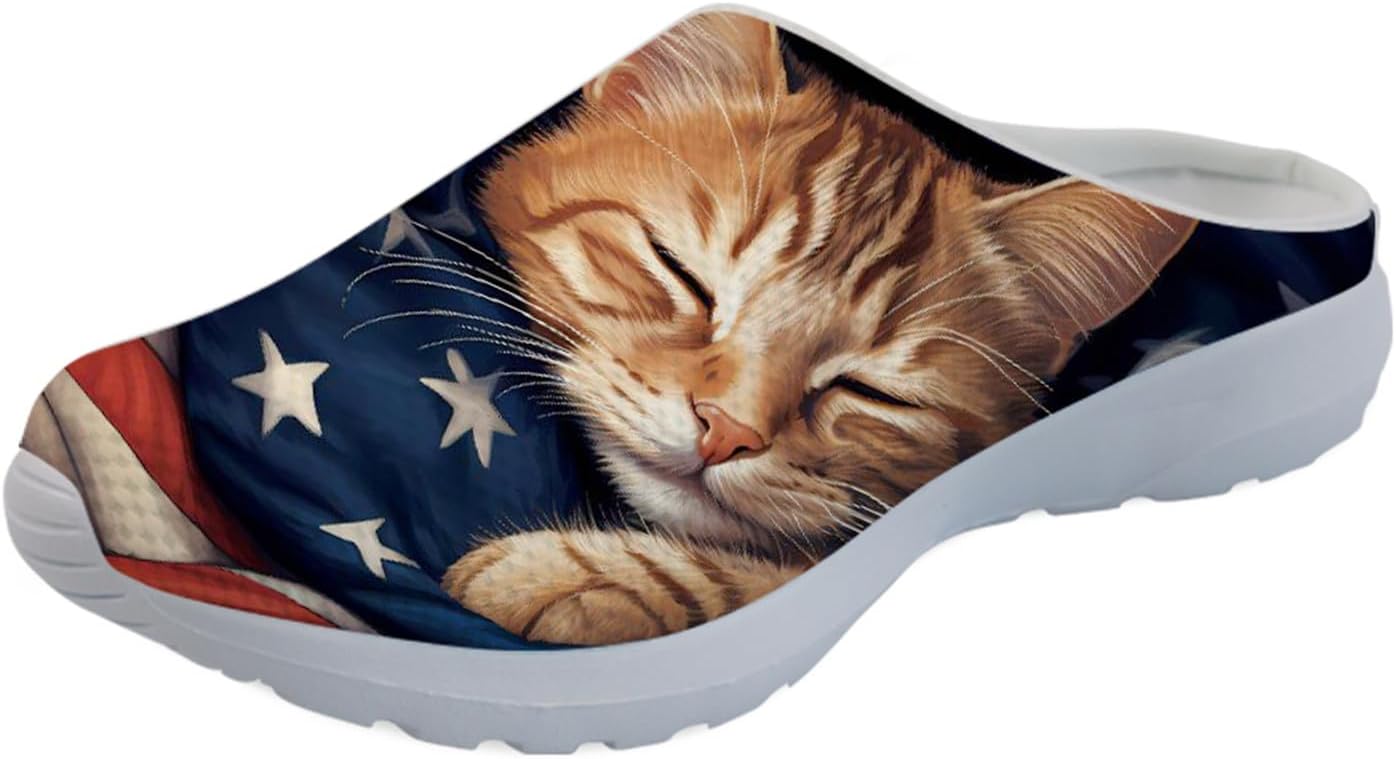 

Садовые сабо Forchrinse с милым принтом лапок собак, нескользящие обувь для шеф-поваров, медсестер и врачей, сандалии для мужчин и женщин, American Flag 3d Cat