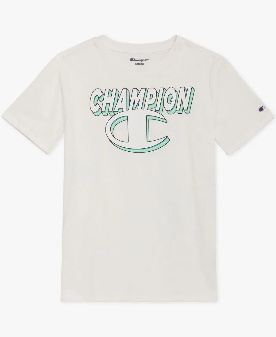 Детская футболка с коротким рукавом, круглым вырезом и графическим принтом Champion, белый — фото 4