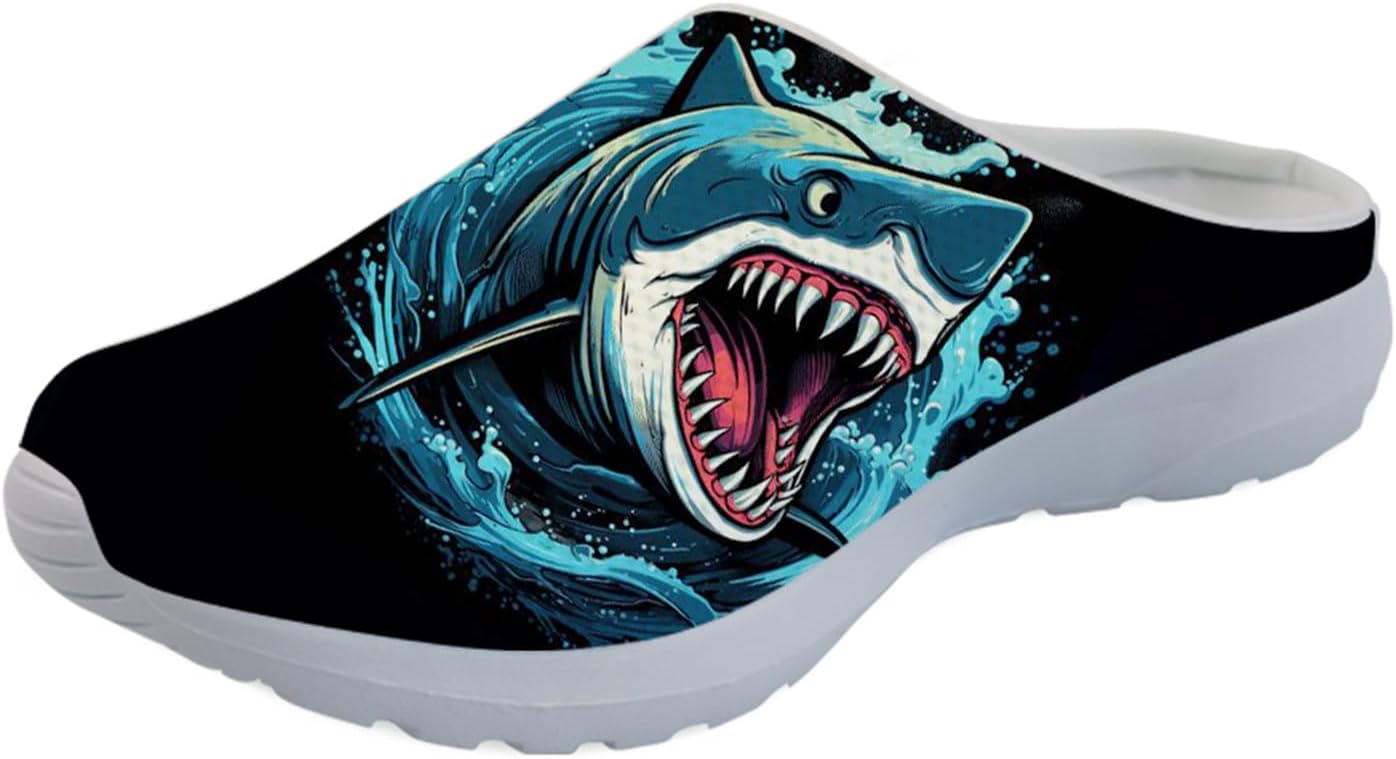 

Forchrinse Hawaiian Palm Tree Watercolor Sky Beach Женские слипоны-мюли Мужские прогулочные кроссовки Садовые сабо Домашние туфли Легкие, Underwater 3d Shark