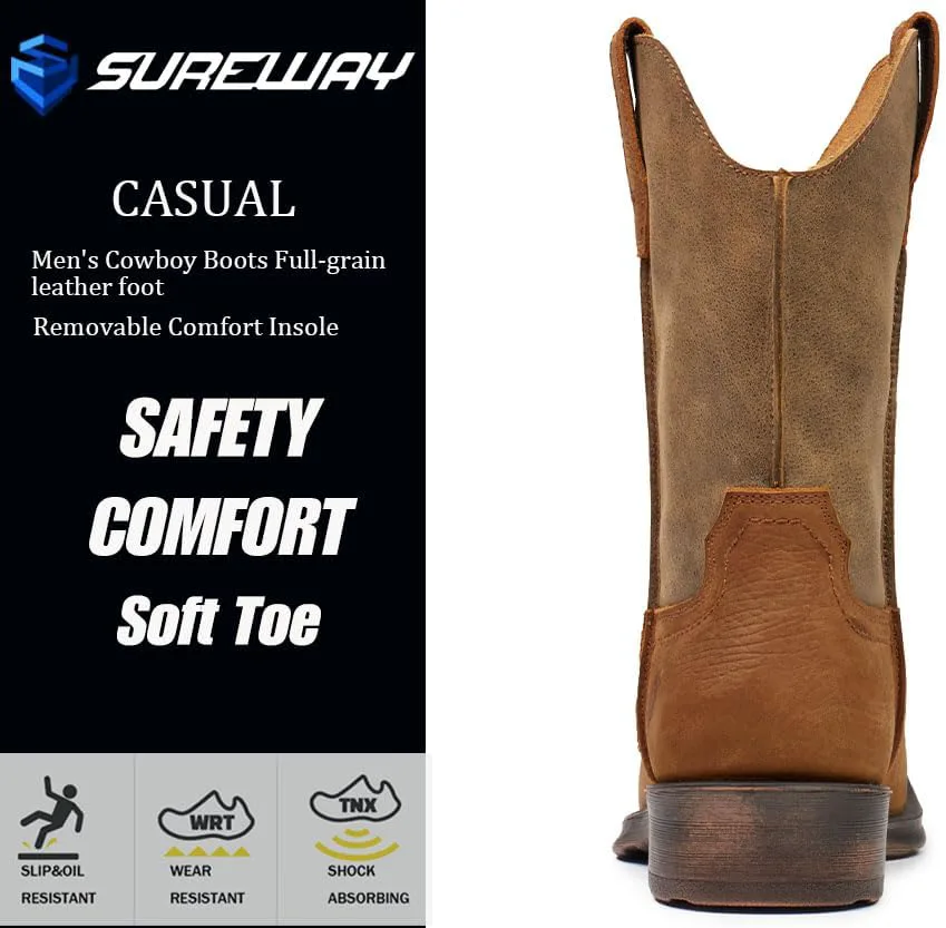 Мужские ковбойские сапоги SUREWAY - вестерн-сапоги с квадратным носком, кожаные рабочие сапоги на вытяжке, прочные модные классические сапоги с противоскользящей подошвой, серый — фото 2