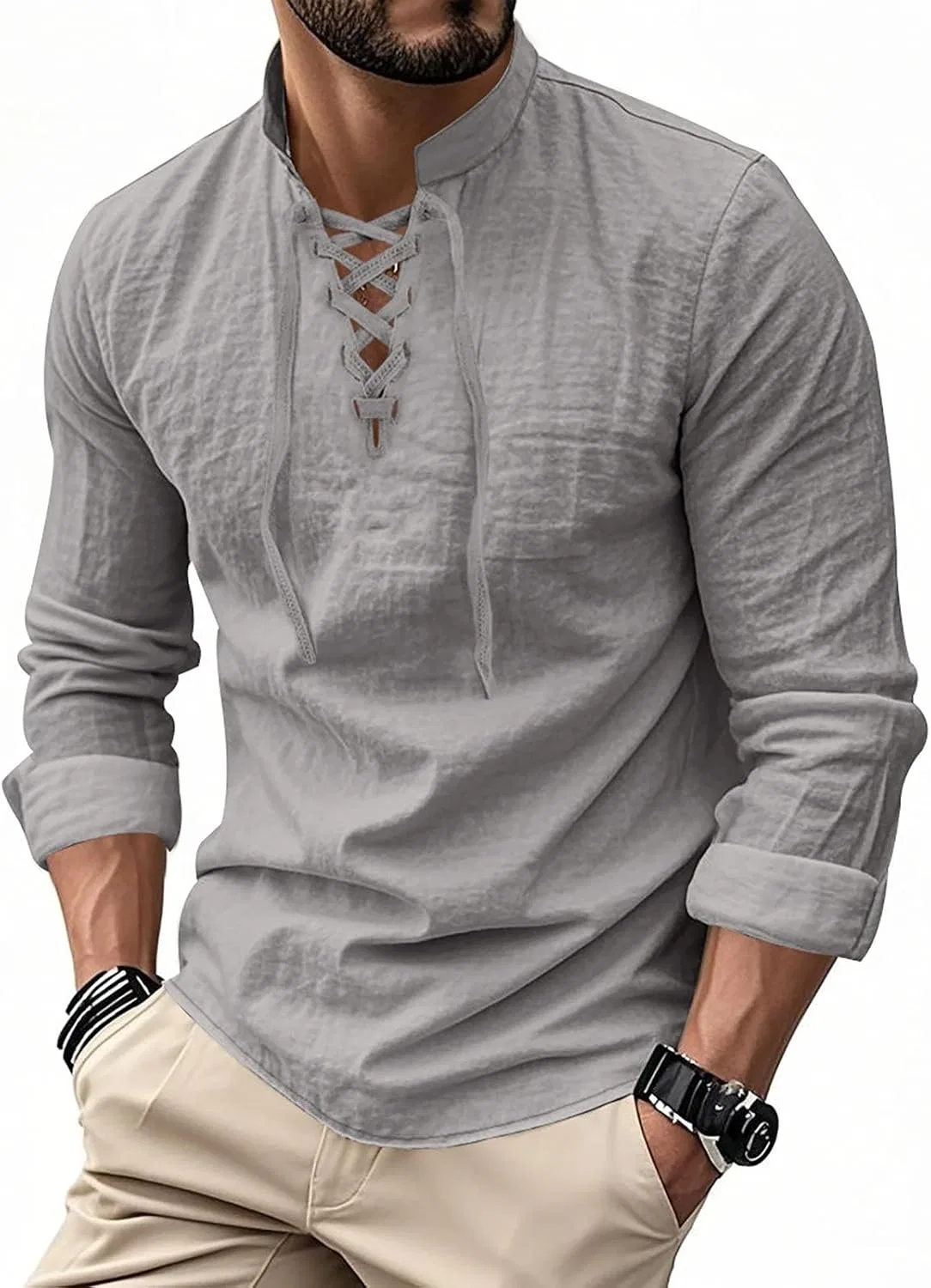 Мужская рубашка из льна с воротником-стойкой, с длинным рукавом, модель Solid Band Collar Long Sleeve Henley, серый