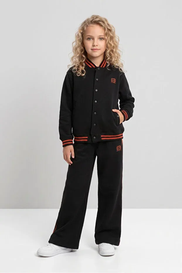 Детский комплект для девочек с воротником-бомбер College Collar Wide Leg Tracksuit Set Black One, Black
