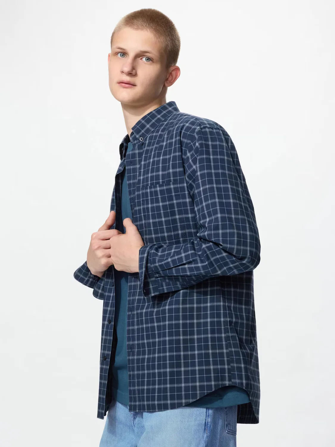 Рубашка Uniqlo, мужская, в клетку, темно-синий