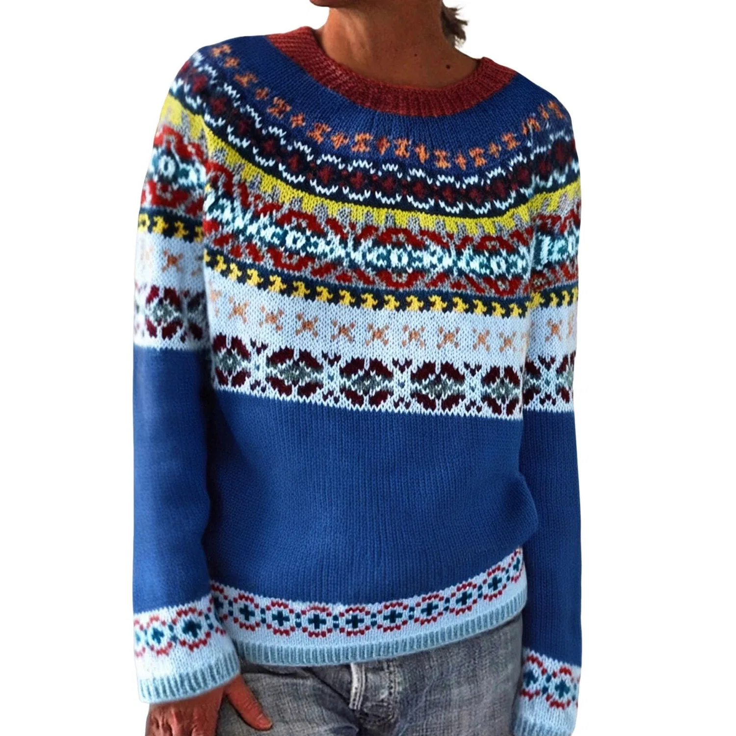 Женский свитер с принтом Retro Knitted Sweater with Isle Print, Dark Blue