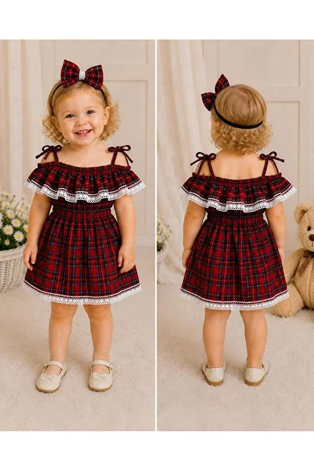 Детский комплект платья и банданы с кружевом в клетку Moda Lina Baby, Red — фото 2