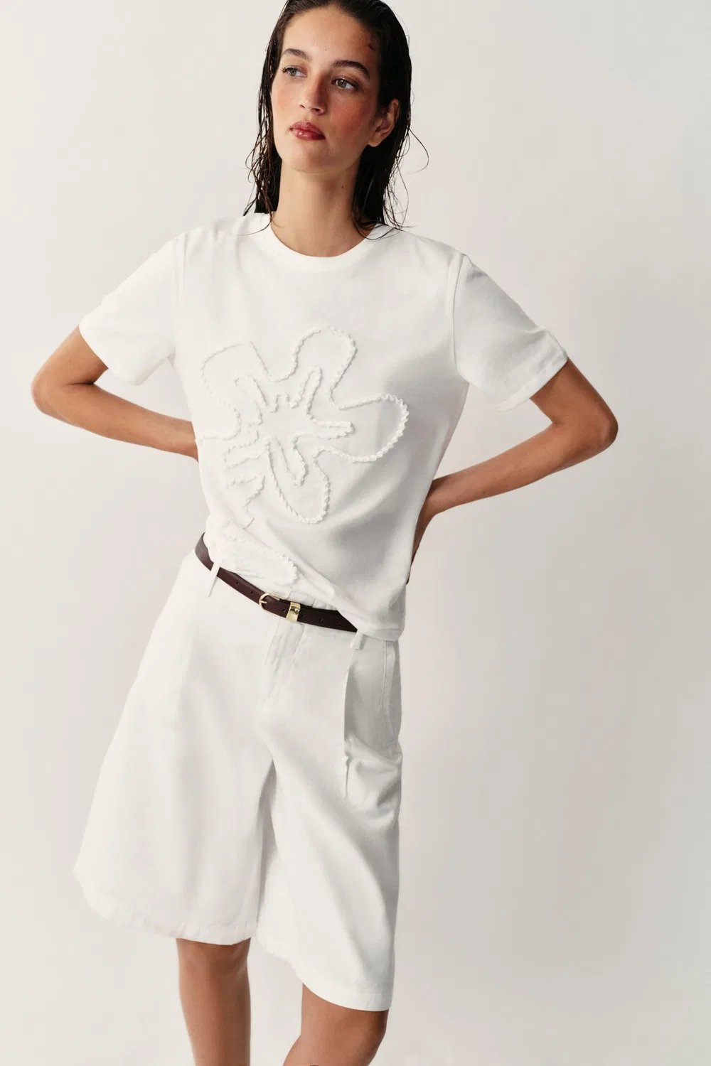 Футболка с цветочным рельефом ZARA, White — фото 2