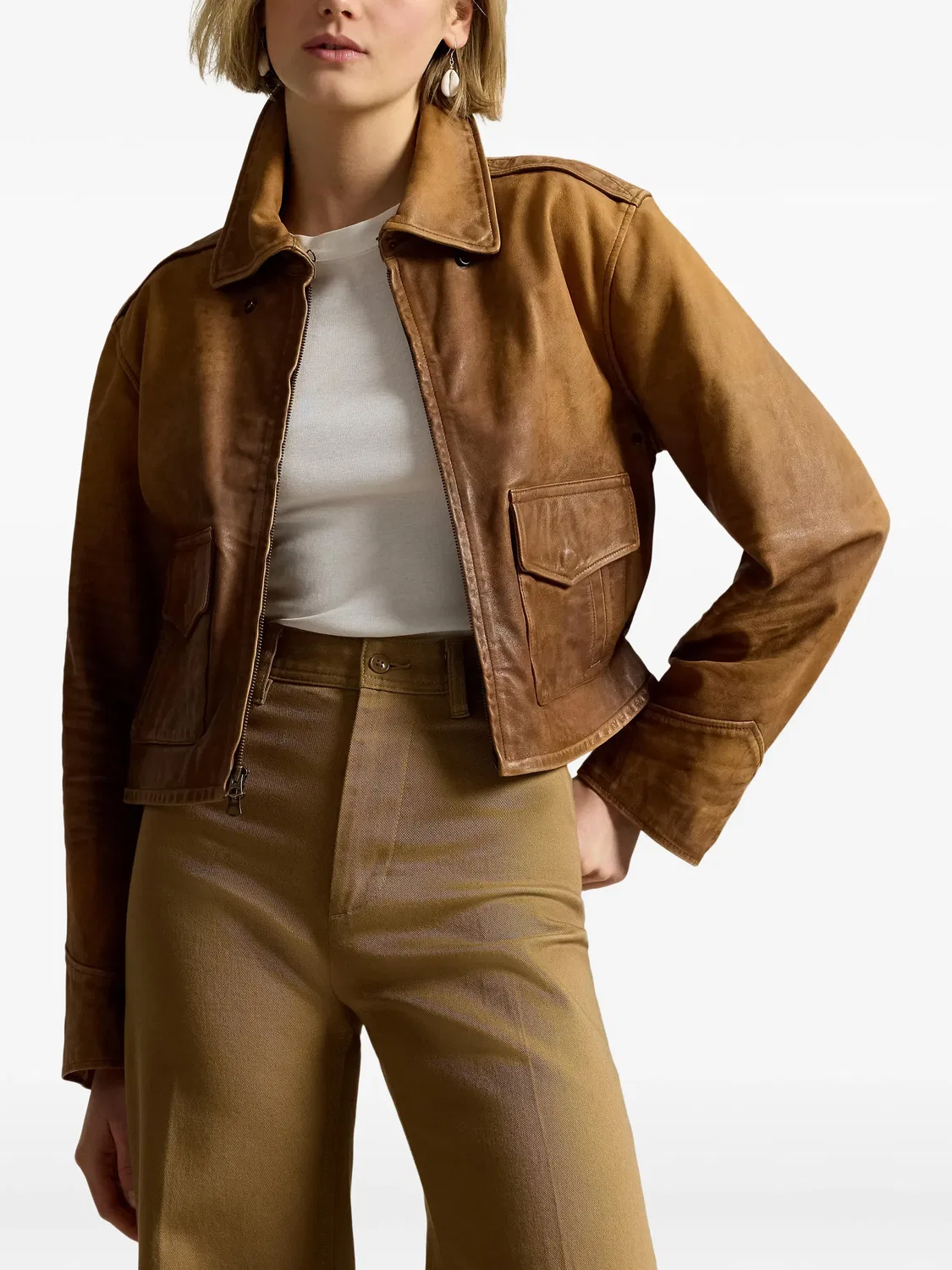 Укороченная кожаная куртка коричневого цвета Polo Ralph Lauren, коричневый — фото 2