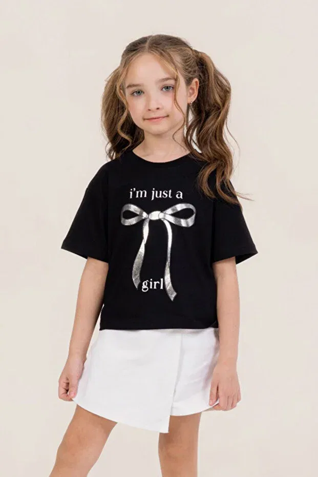 Детская хлопковое футболка с принтом для девочек Bow Printed Short Sleeve Round Neck Cotton Comfortable Summer Girl's T-Shirt Dmb Boys & Girls, Black