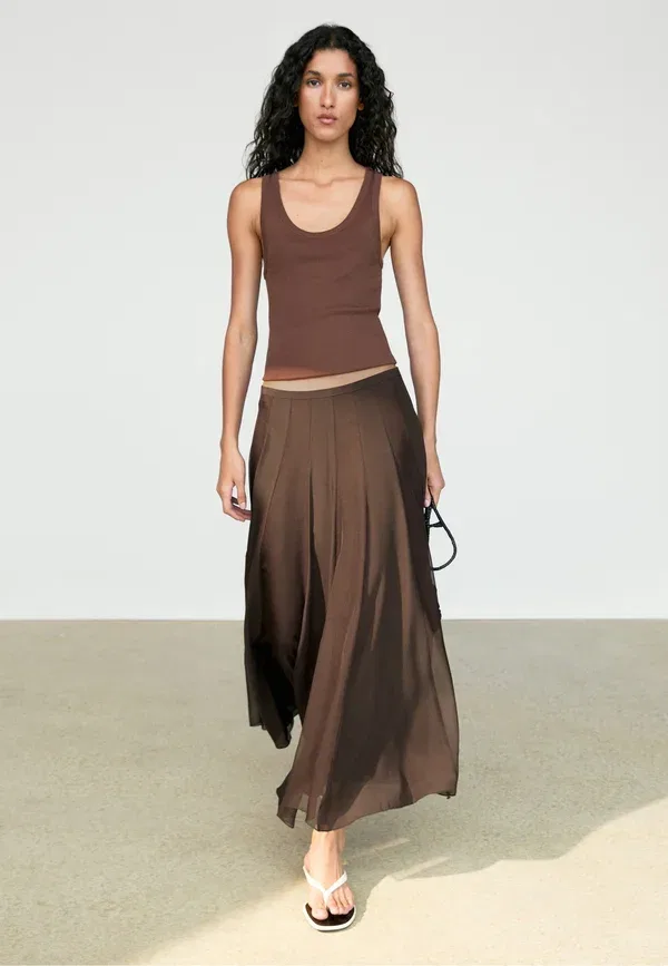 Юбка миди клеш Flowing flared midi skirt, Massimo Dotti, темно-коричневый Massimo Dutti — фото 2