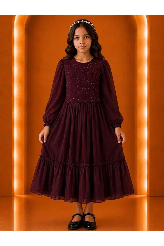 Детское платье для девочек с длинным рукавом Modest Clothing Esmagül Kids, Burgundy — фото 2