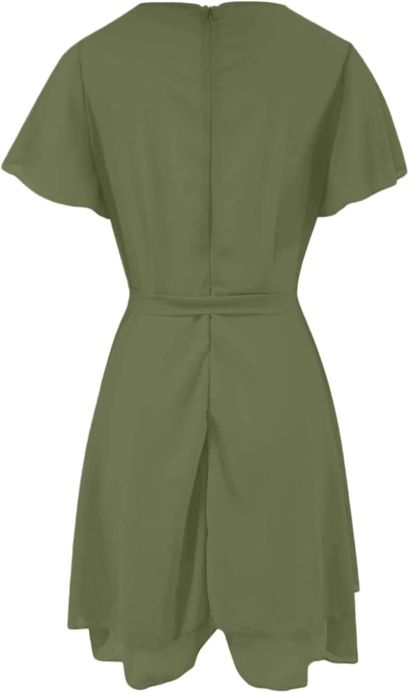Женское мини-платье с V-образным вырезом и завязками на талии, Light Green — фото 4