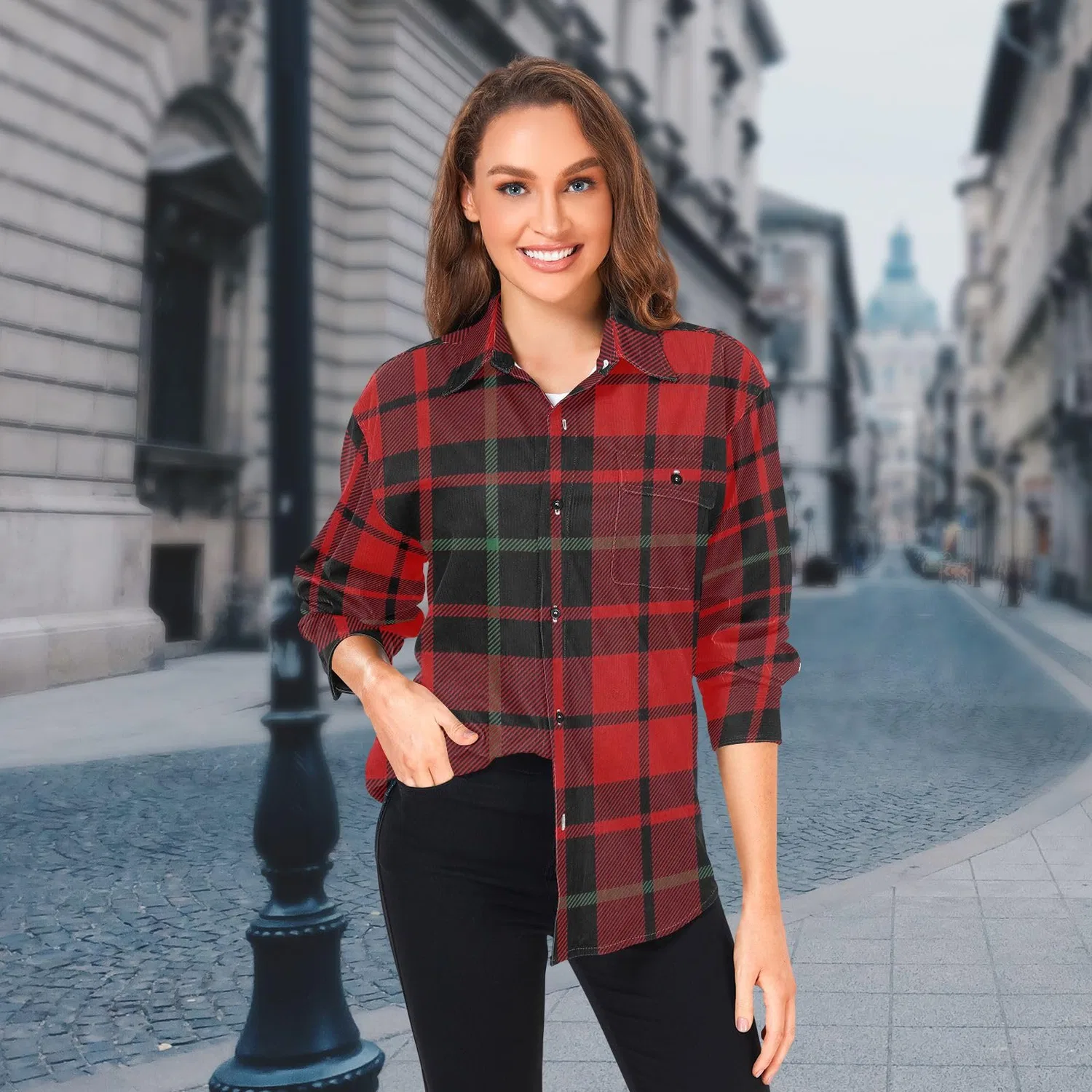 Женская куртка с длинным рукавом Classic Long Sleeve Red Plaid Christmas Shirt, Classico Plaid Natale Rosso — фото 3