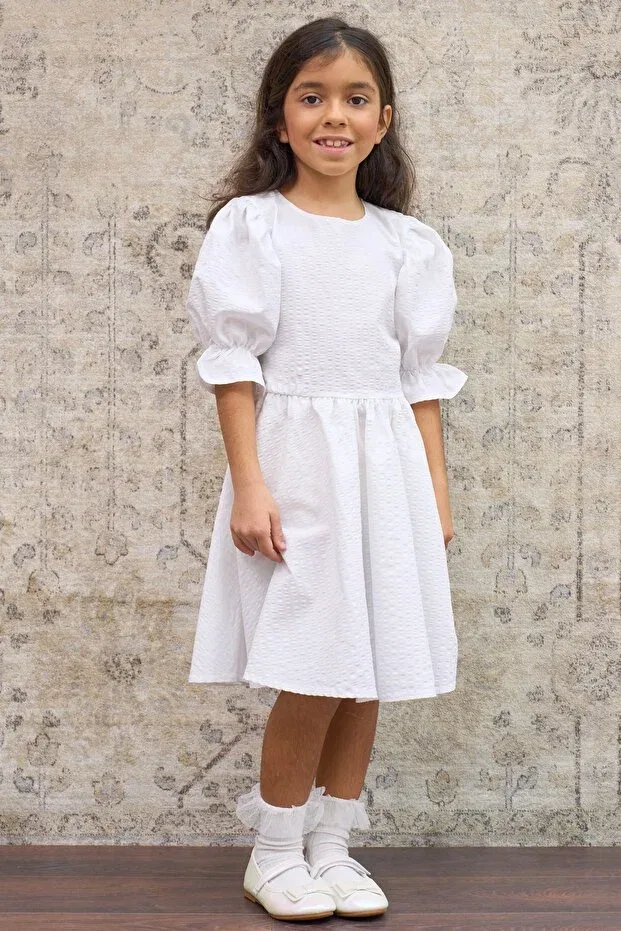 Детское платье для девочек с коротким рукавом-фонарик Küçüğüm Butik, White