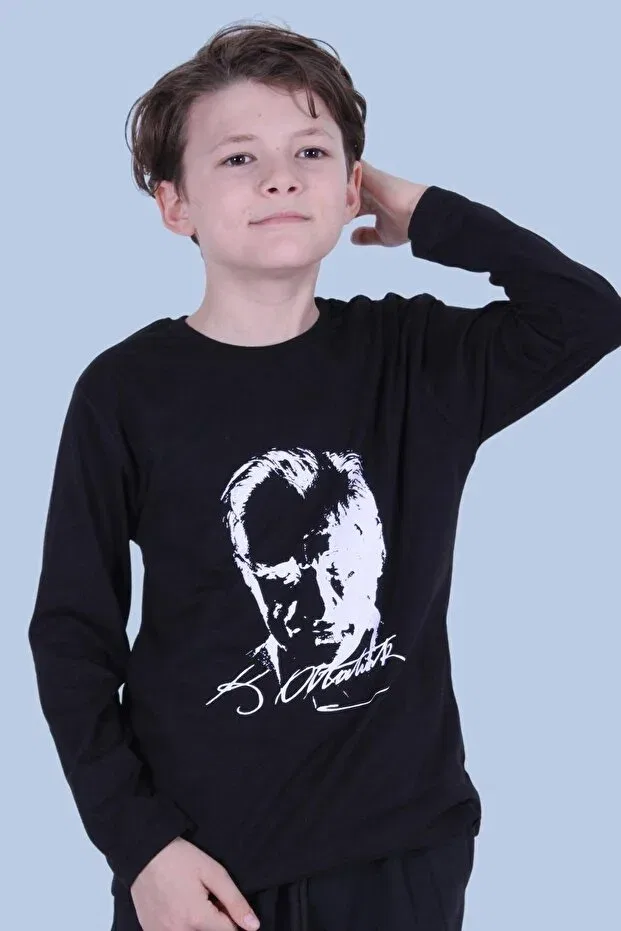 Детские свитшот для девочек с принтом Differently printed ataturk patterned long sleeve unisex sweatshirt Fyk Collection, Black — фото 2