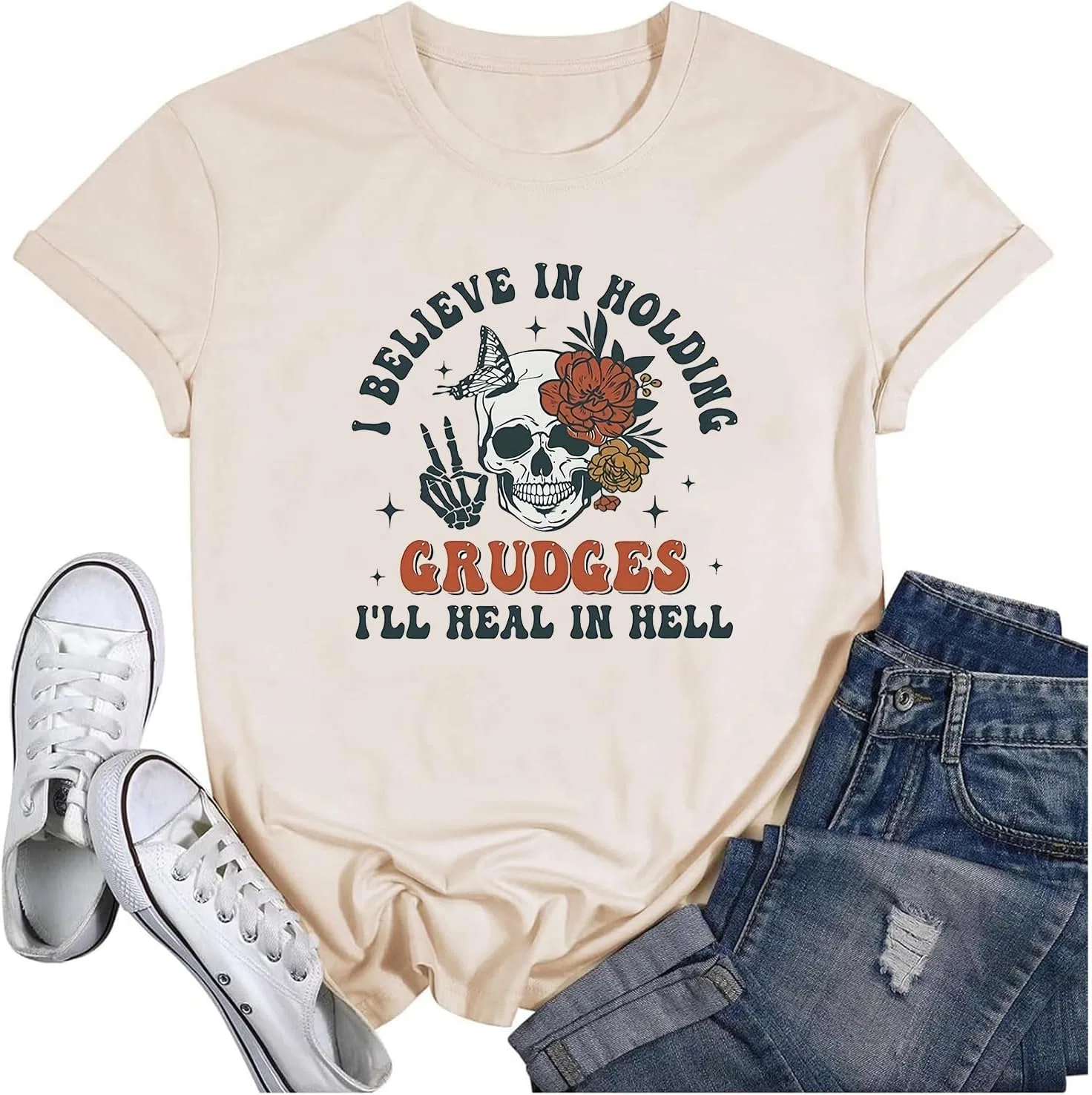 Женская футболка с принтом I Believe in Holding Grudges I'll Heal in Hell, абрикосовый