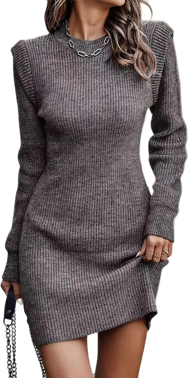 Женское ребристое платье-свитер Long Sleeve Knit Pullover, Grey