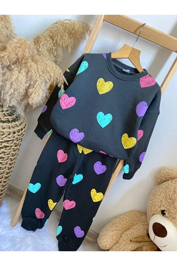 Детский комплект спортивного костюма для девочек с принтом Heart Mandalinsbaby, Black