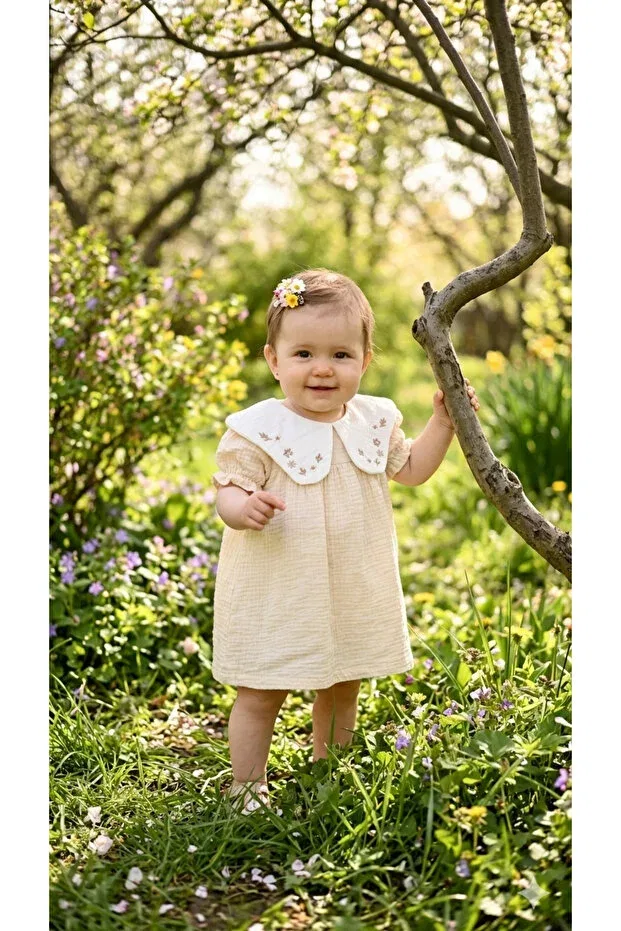 Детское платье для девочек хлопковое Muslin fabric baby - girl patterned dress Pure Baby Natura, Ecru