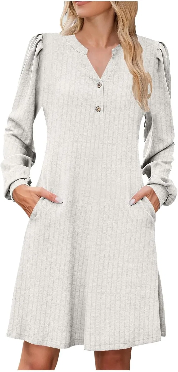 Женское вязаное платье с V-образным вырезом и пуговицами, Long Sleeve, White