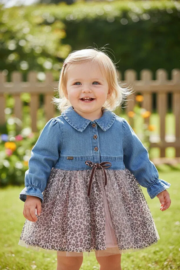 Детское платье для девочек с принтом Babydola denim fabric leopard detailed baby girl dress Butik, Pink