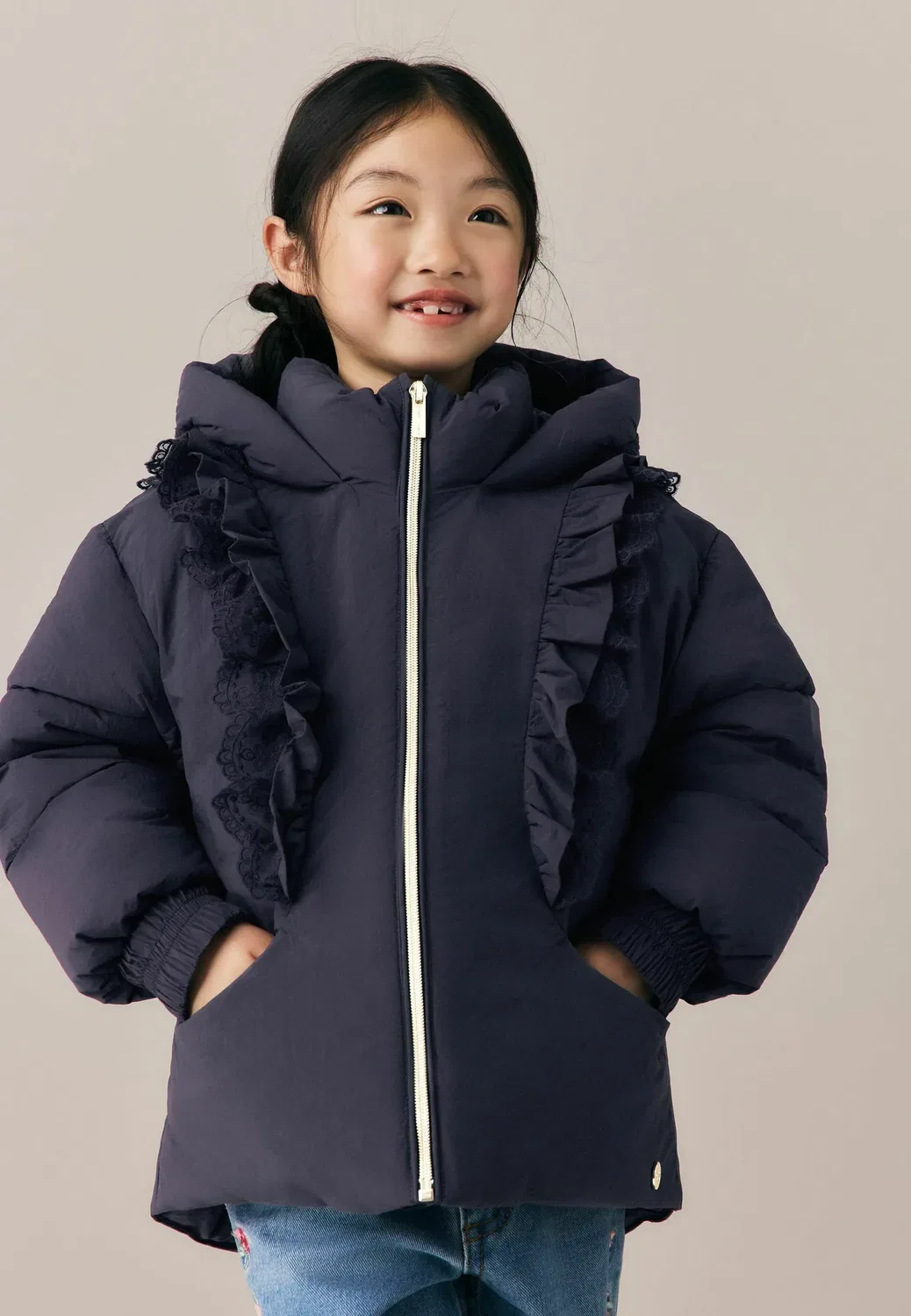 Пальто с оборками и кружевом, утепленное, зимняя куртка Laura Ashley, Navy