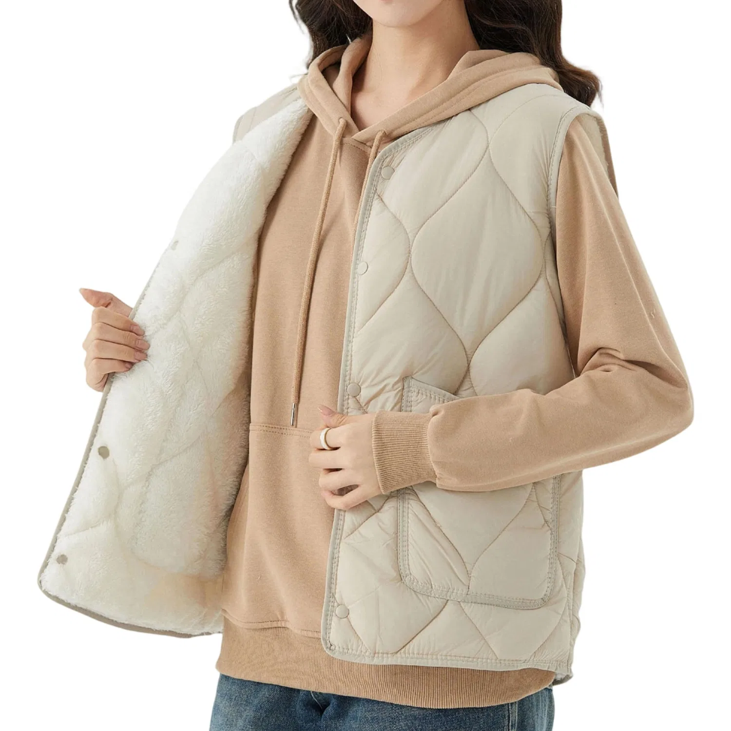 Женский стеганый жилет без рукавов и воротника, Beige pesante
