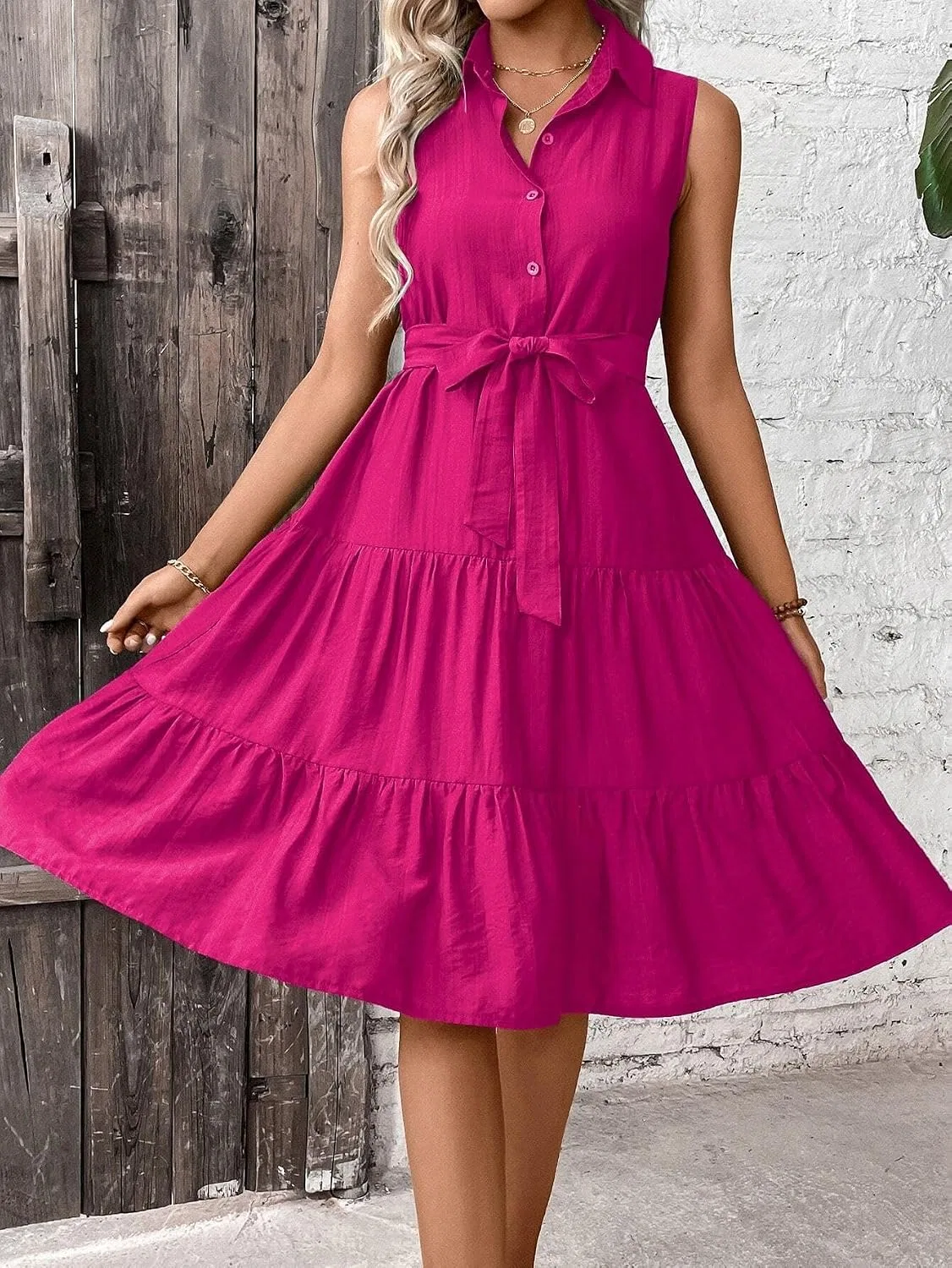 Женское повседневное платье с воланами и поясом, Hot Pink — фото 2