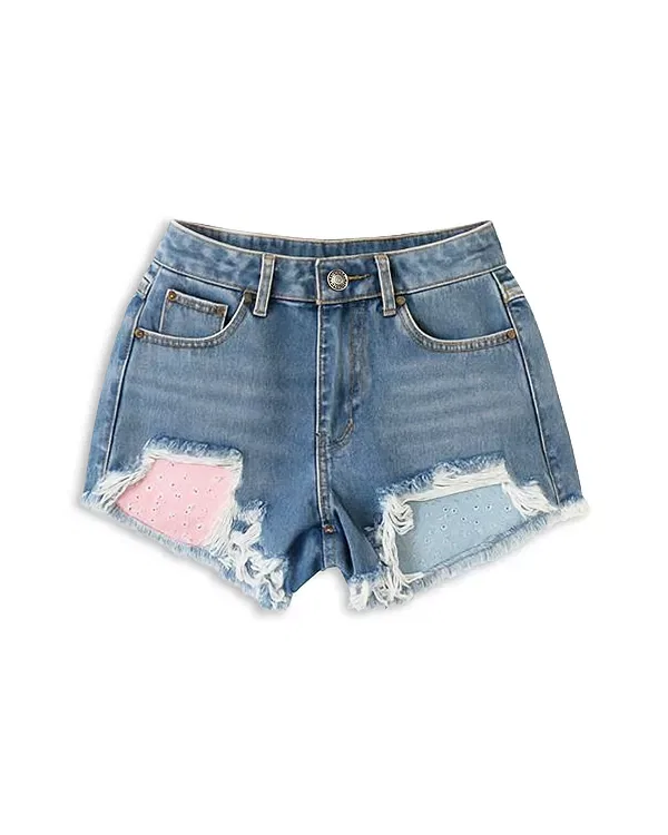 Детские шорты для девочек джинсовые с потертостями California Love KatieJ NYC, Mid Wash - Blue/Pink
