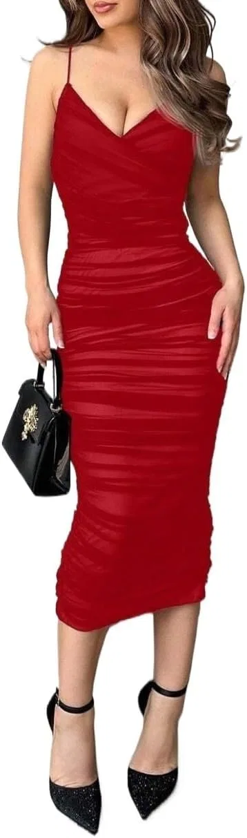 Женское миди-платье с глубоким V-вырезом Casual, Red