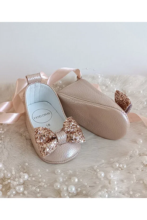 Детские балетки для девочек из натуральной кожи Perla salmon genuine leather baby ballerina shoes Hodore, Salmon With Stones — фото 4
