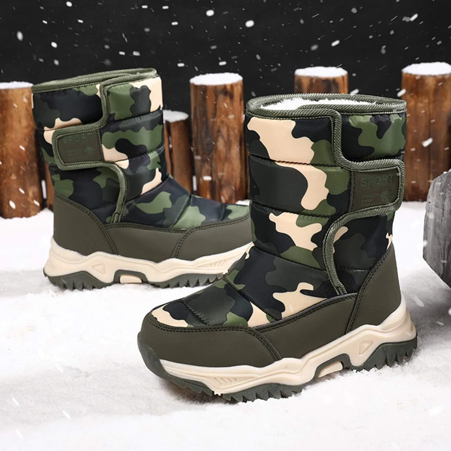 Детские зимние ботинки для девочек и мальчиков с мехом CERYTHRINA, Green Camo — фото 3